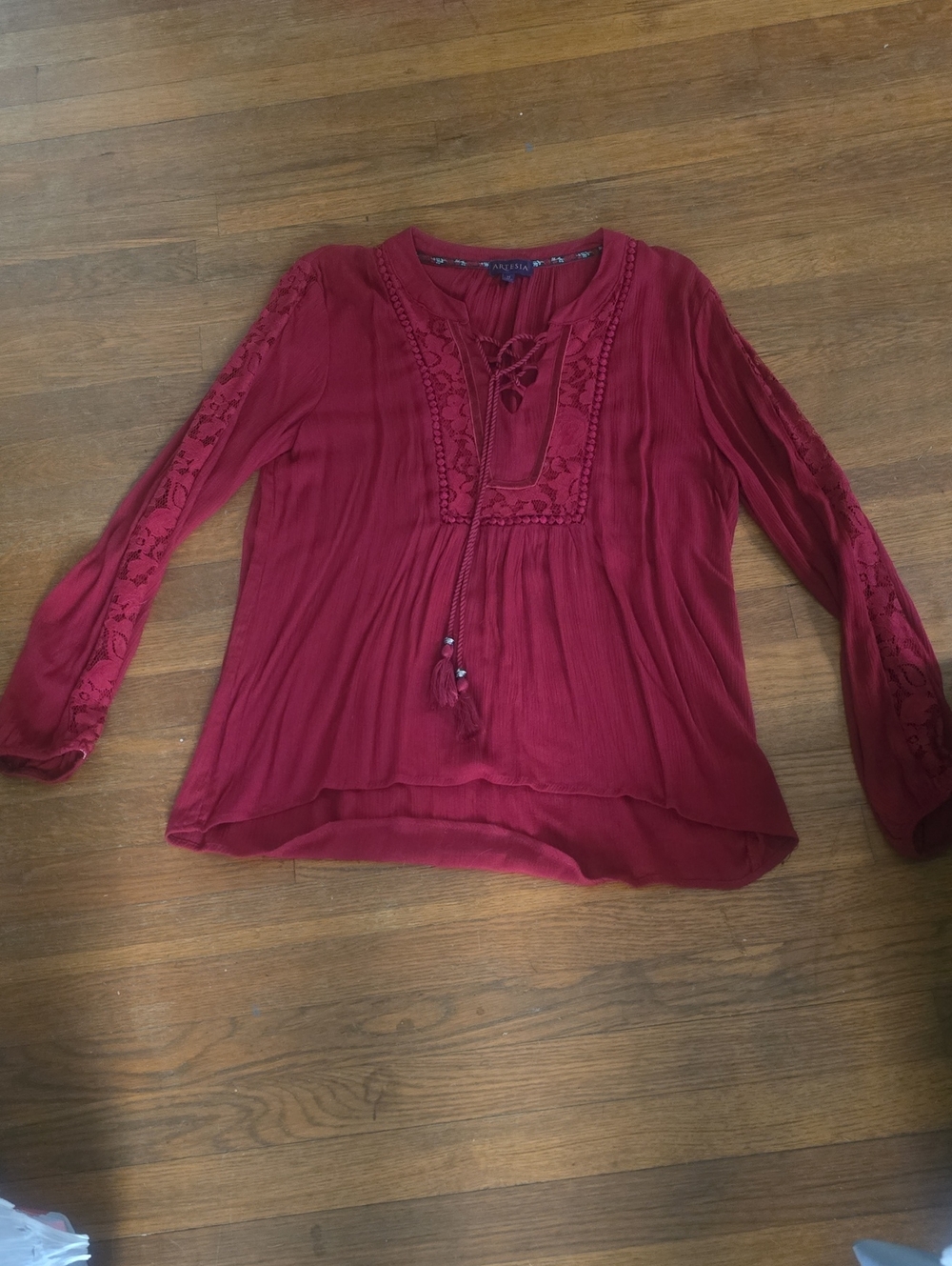 Women's Lace-Trim Tie-Front Tunic Top in Dark Red.